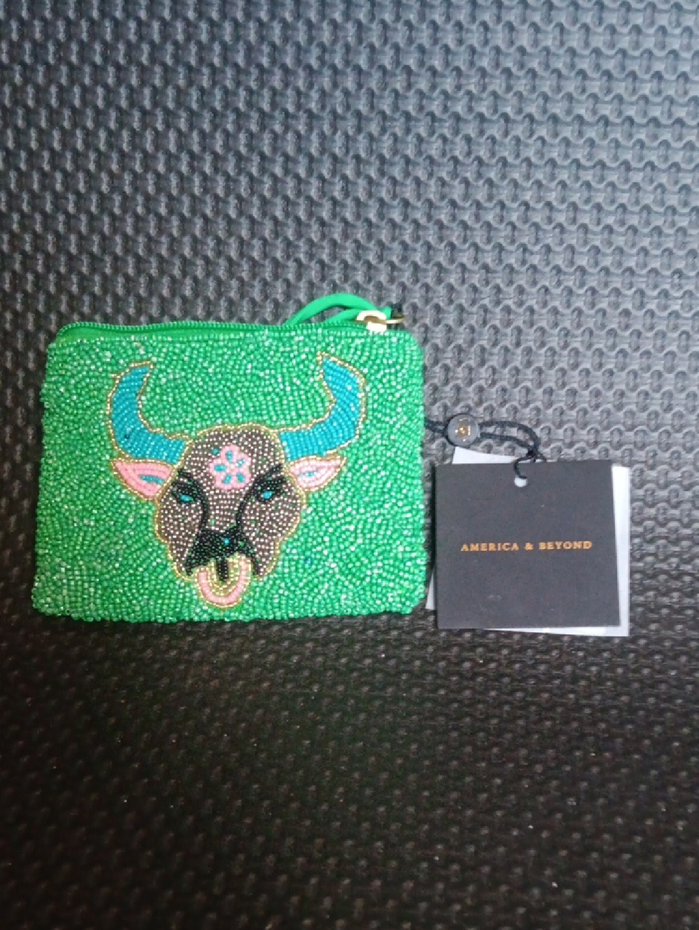 Green Beaded Bull Embellished Wristlet Pouch